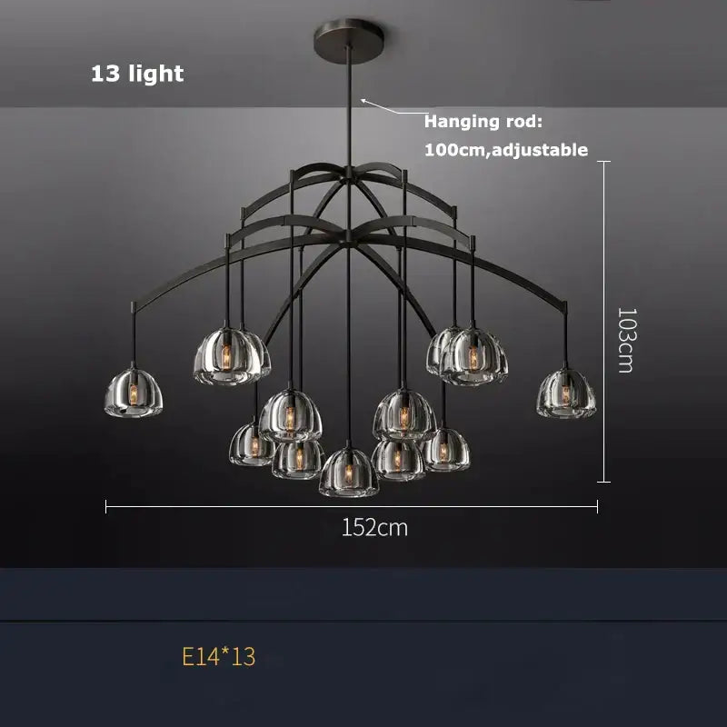 Black metal chandelier with 13 clear glass globe shades featuring decorbites k9 crystal for elegant crystal chandelier lighting