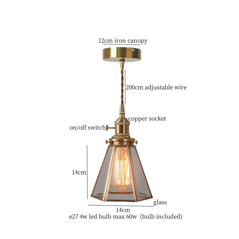 Minimalist gold faceted bubble glass led hanging light with vintage brass pendant and exposed Edison bulb for dining room