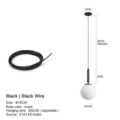 Black spherical pendant chandelier with brass body and adjustable black wire decorbites glass ball led for kitchen island decor