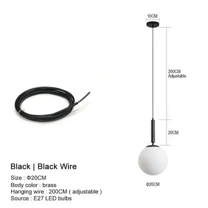 Black spherical pendant chandelier with brass body and adjustable black wire for kitchen island decorbites glass ball led