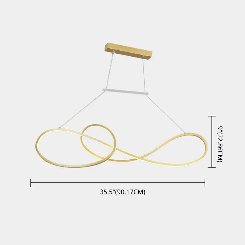 Minimalist gold infinity led strip island light with a wooden ceiling mount for metal dining room settings