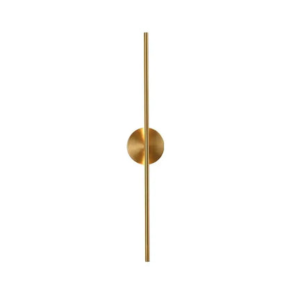 Minimalist gold linear led wall sconce lamps with a sleek vertical rod and circular base for bathroom lighting