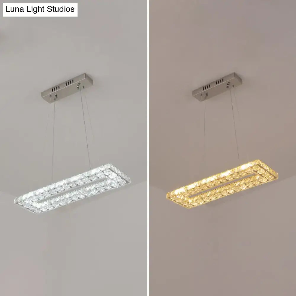 Rectangular led island pendant light with clear k9 crystal accents and dual lighting modes in cool white and warm gold tones