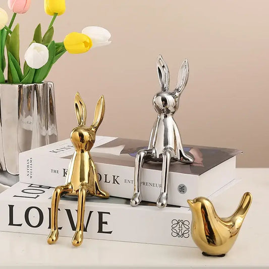 Minimalist gold and silver rabbit ceramic ornaments featuring shiny metallic finish for living room decorbites gold rabbit decor