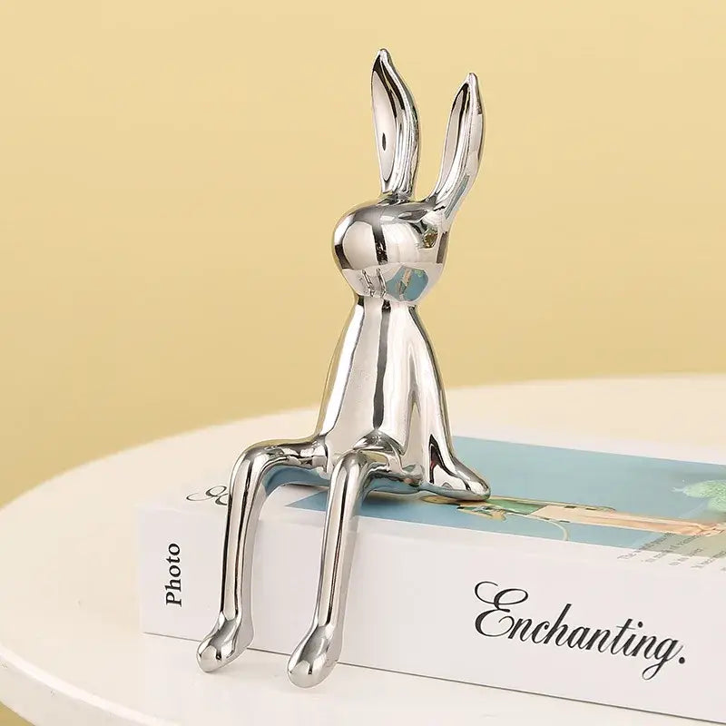 Shiny silver metallic rabbit ceramic ornament with sleek minimalist design for living room decorbites gold rabbit collection