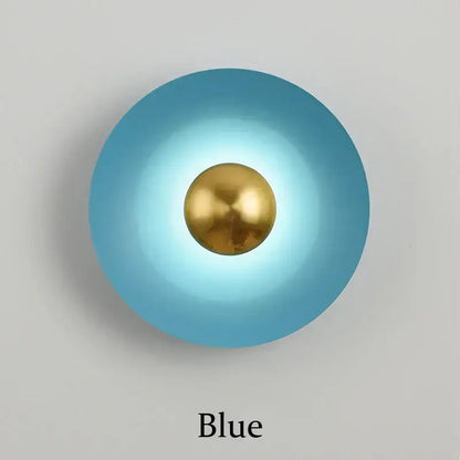 Blue circular wall lamp with a central gold sphere decorbites golden macaroon led for minimalist bedroom ambient light