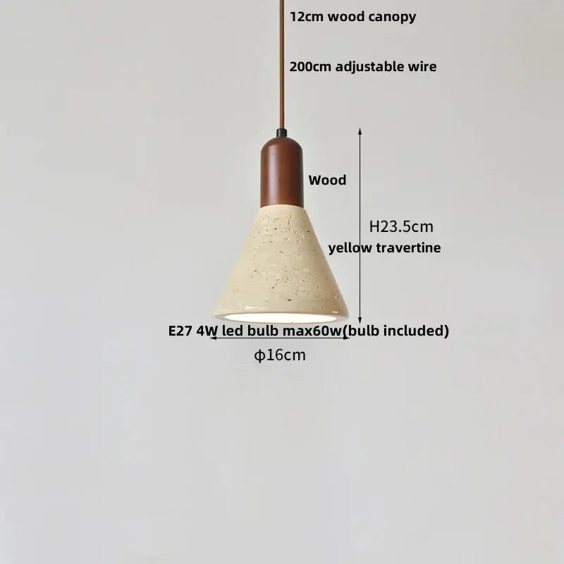 Minimalist pendant light with warm brown wooden canopy and textured yellow travertine shade for dining room decorbites glass ball