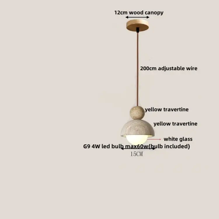 Minimalist pendant light with gray concrete glass ball, 12cm wood canopy, adjustable wire, and yellow travertine spheres decorbites glass ball
