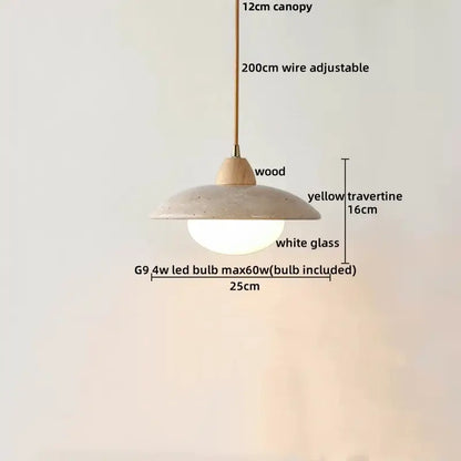 Minimalist gray concrete decorbites glass ball pendant light with yellow travertine shade and g9 led bulb for dining room