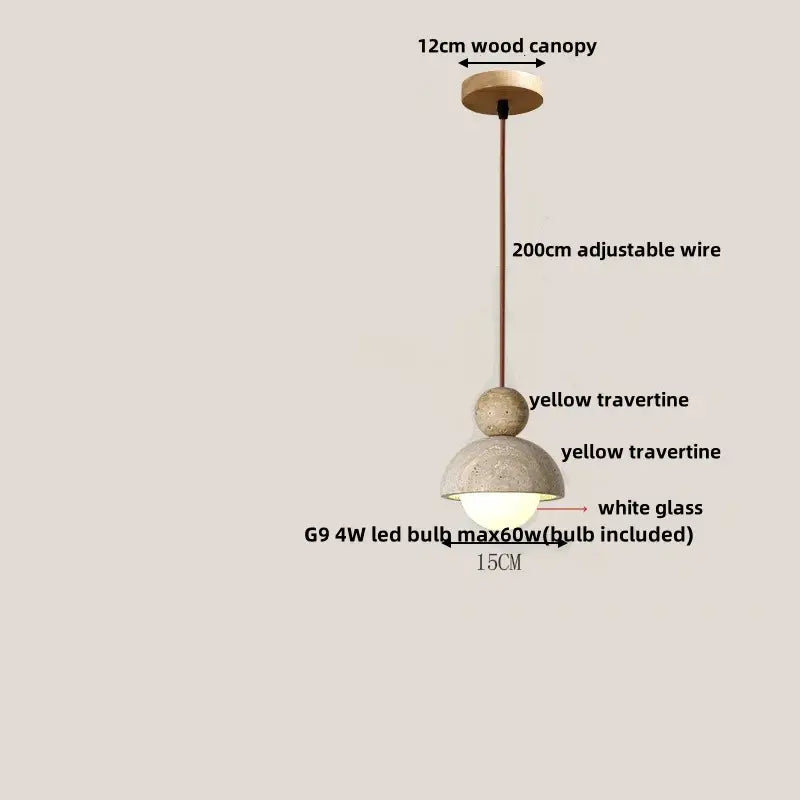 A minimalist gray concrete glass ball pendant light with a 12cm wood canopy and yellow travertine dome decorbites glass ball