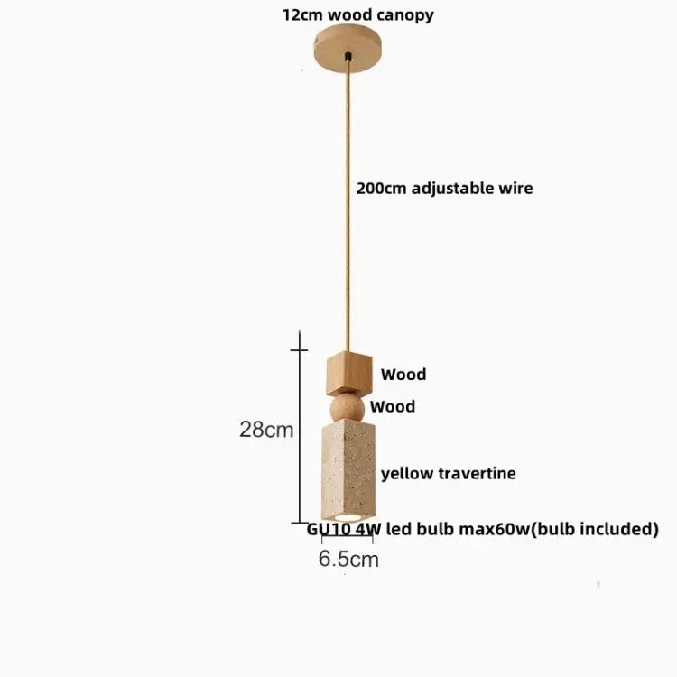 Minimalist pendant light with natural wood canopy and yellow travertine body fits decorbites glass ball pendant style