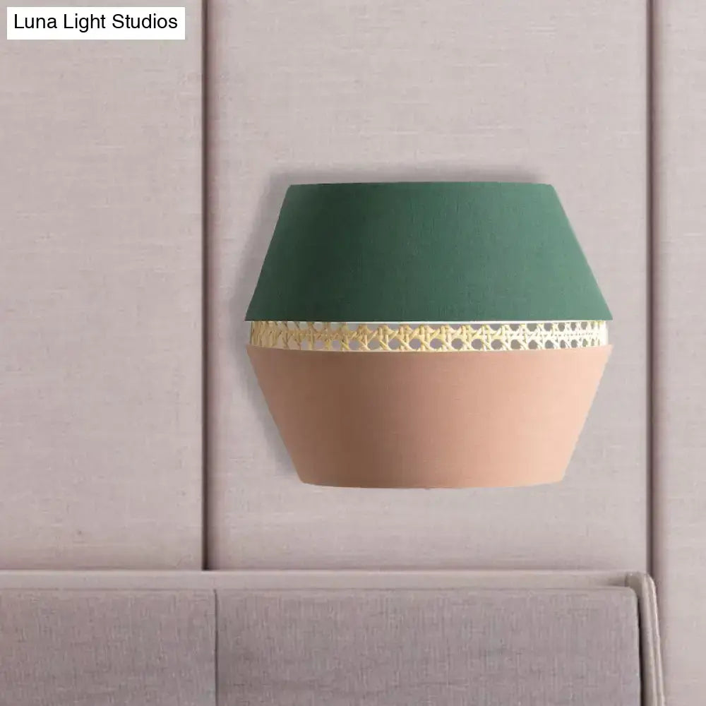 Minimalist green and terracotta rattan wall mount light with two-toned design and ornate gold lace trim direct wired electric wall lamp
