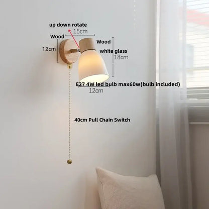 Minimalist wall lamp with natural wood base white glass shade and brass accents by decorbites iron wood led bedroom light