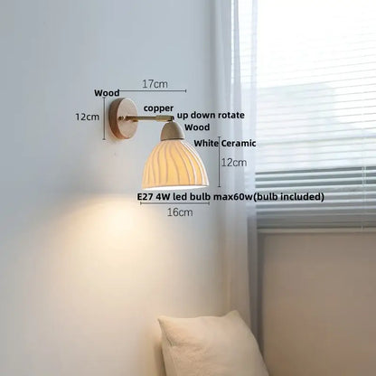 Minimalist white ceramic wall lamp with vertical ridges on decorbites iron wood led wooden copper sconce with rotate mechanism