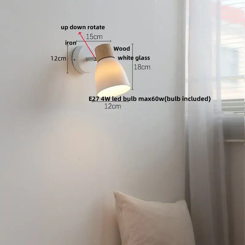 Minimalist wall lamp with white glass shade wooden top cap iron base decorbites iron wood led bedroom light with pull chain