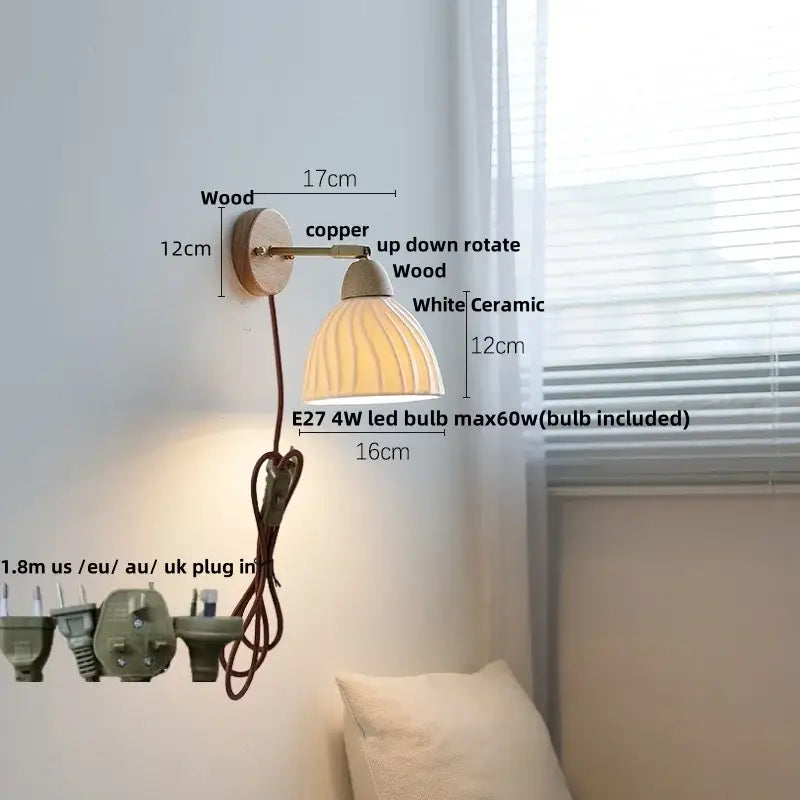 White ceramic wall lamp with fluted shade and wooden arm from decorbites iron wood led collection for bedroom light