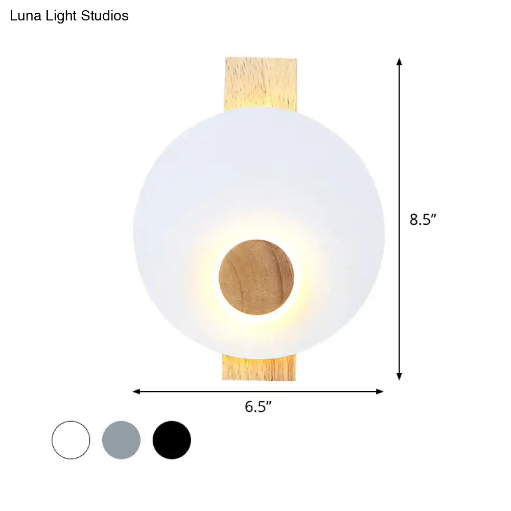 Minimalist led gray metal disk wall sconce with frosted glass and natural wood accents 110v-120v fixture width options