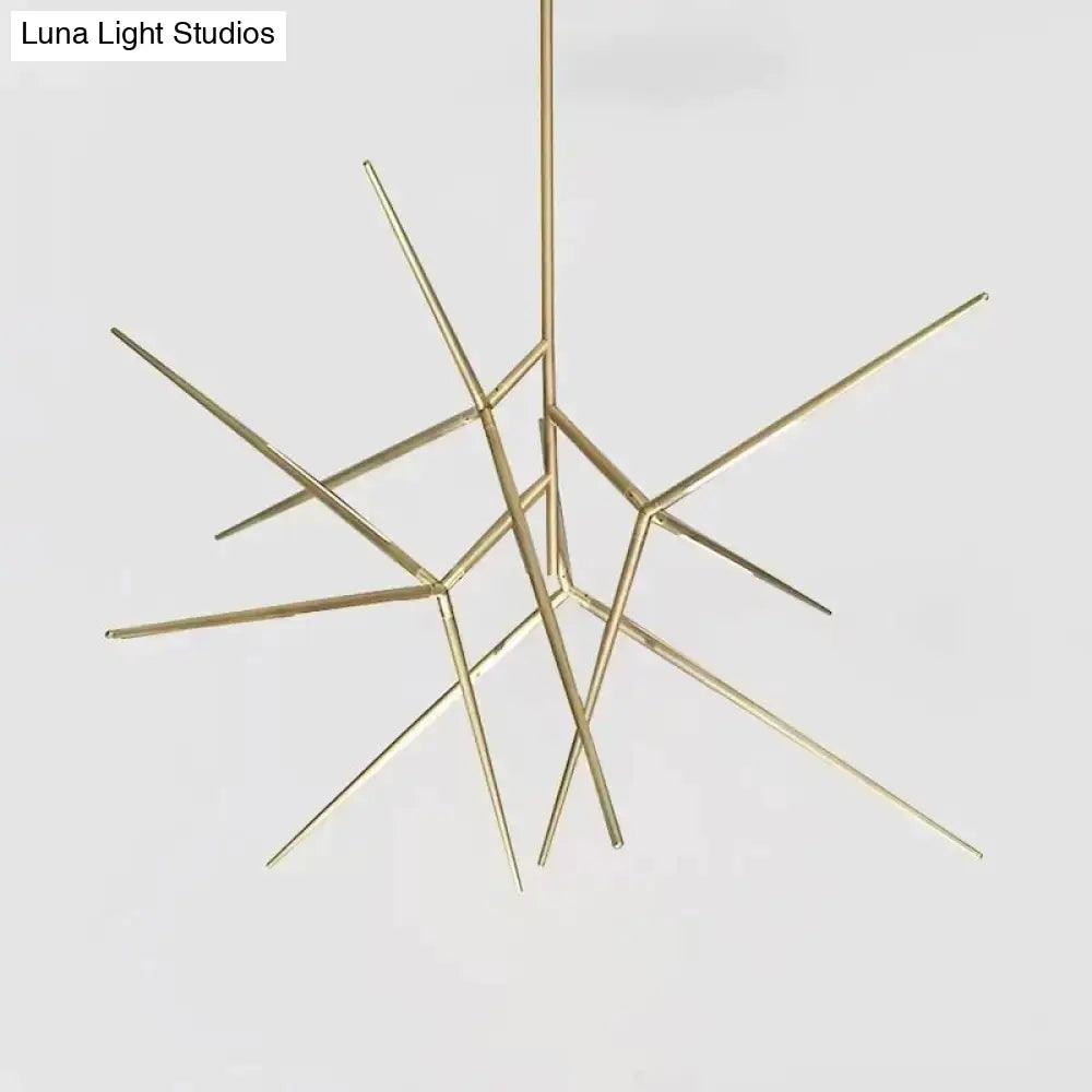 Gold-toned geometric minimalist led pearl black starburst chandelier with slender intersecting rods for dining room