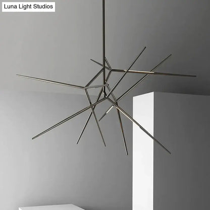 Modern minimalist led pearl black and gold starburst chandelier with brushed silver rods for dining room lighting