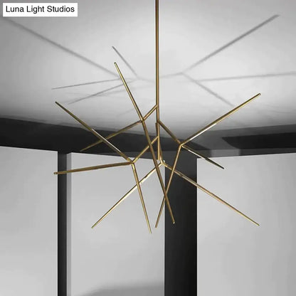 Minimalist led pearl black and gold starburst chandelier with gold-toned geometric rods for dining room lighting
