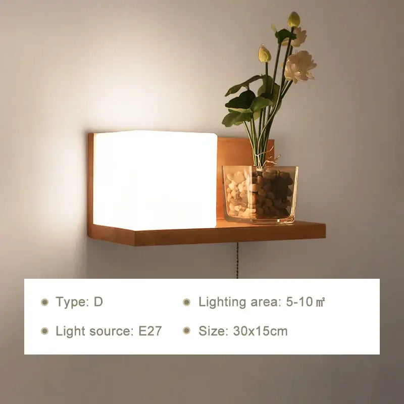 Minimalist led wooden wall lamp with rectangular frosted glass diffuser and integrated shelf for bedroom decorbites wall lamps