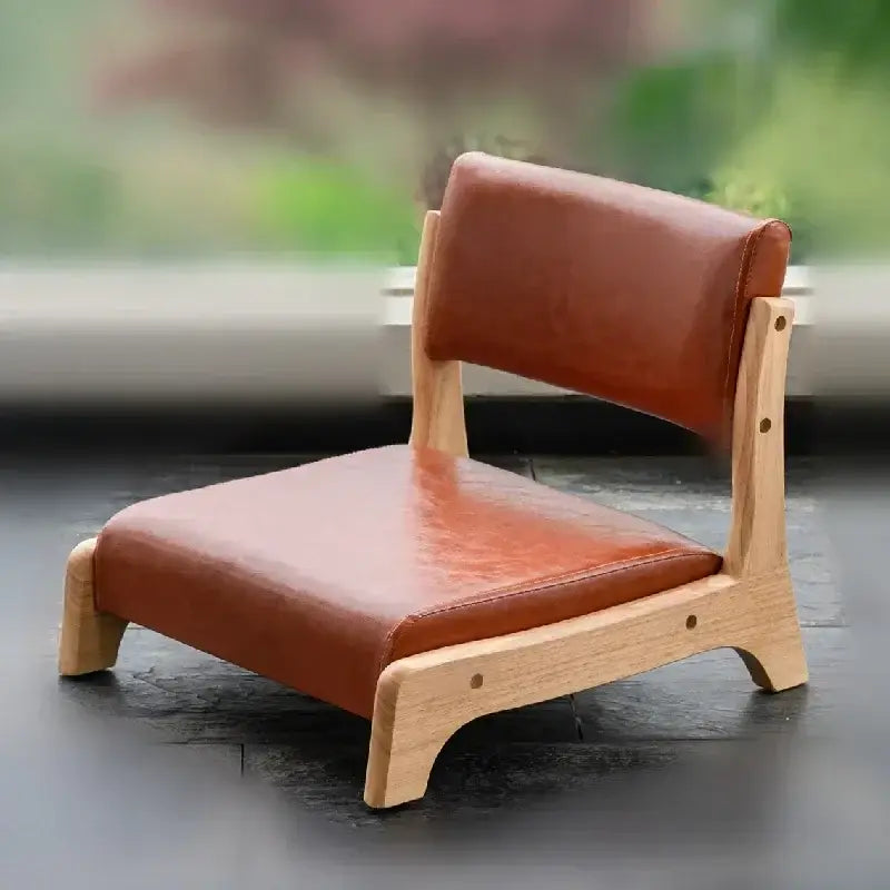 Minimalist brown leather-seated decorbites legless tatami chair with light wood frame for living room meditation seat