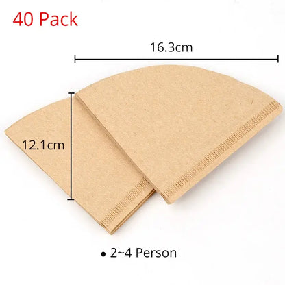 A 40-pack of beige cone-shaped paper coffee filters with textured edges for two to four people in a minimalist light wood coffee filter holder