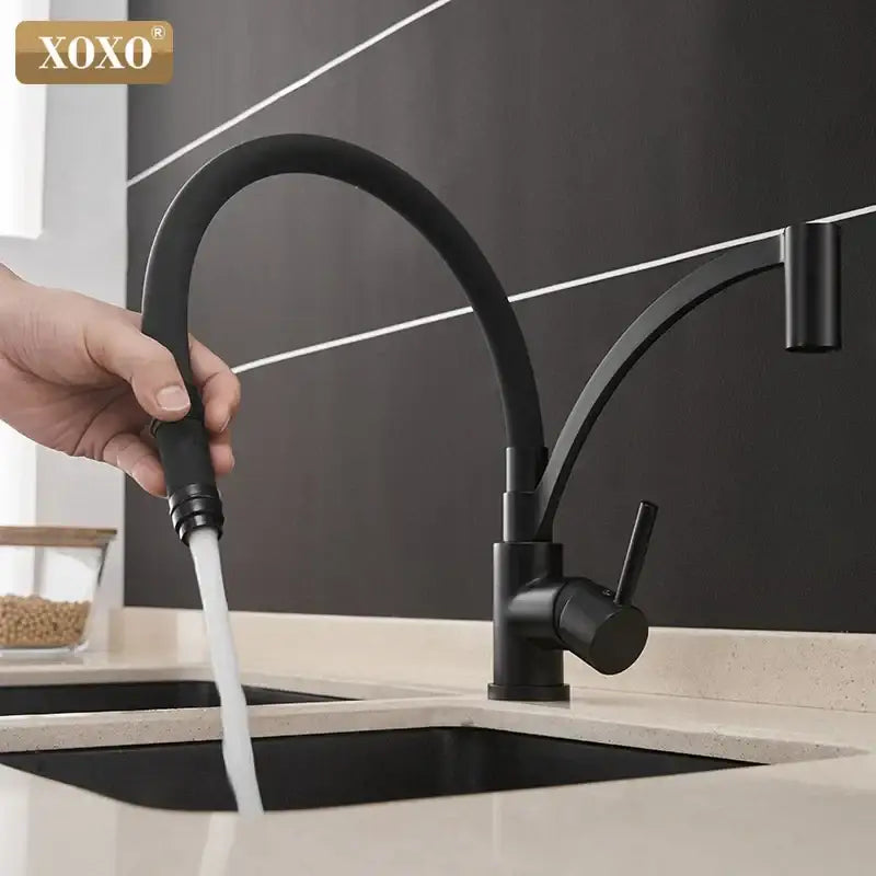Minimalist decorbites black chrome kitchen tap with matte black finish curved spout and pull-down spray head