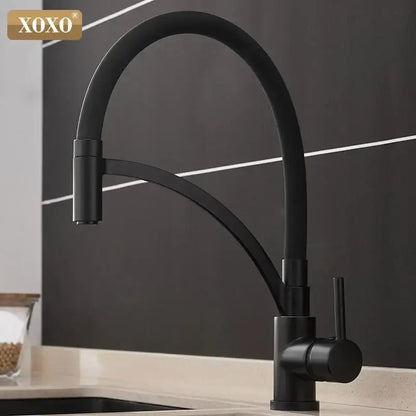 Minimalist matte black chrome kitchen tap with xoxo pull down mixer and sleek curved spout for black chrome kitchen decorbites