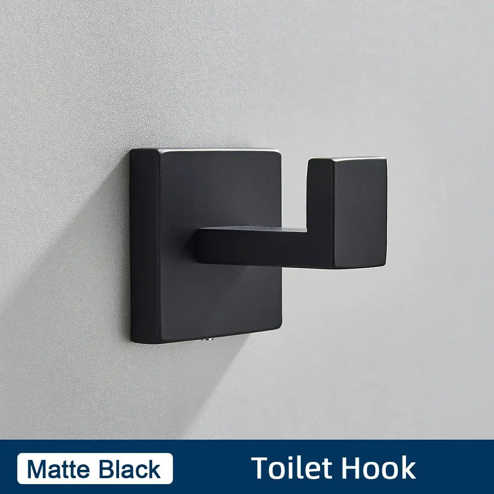 Matte black stainless steel rectangular toilet hook with modern minimalist design from bathroom accessories set