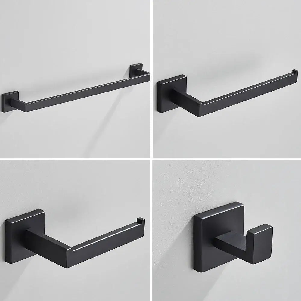 Minimalist matte black stainless steel bathroom accessories set with towel bar toilet paper holder and hook