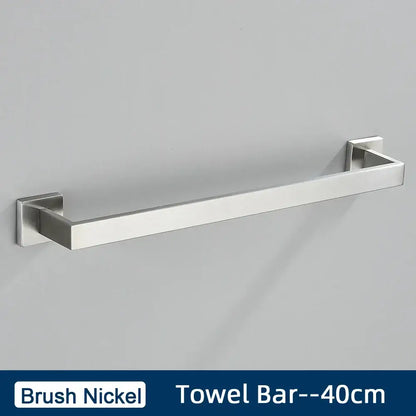 Brush nickel towel bar with sleek rectangular design 40cm length in minimalist matte black stainless steel bathroom accessories set