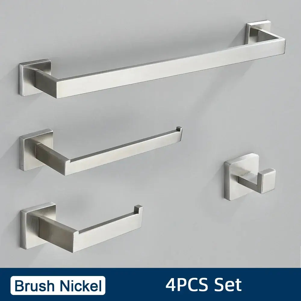 Brush nickel bathroom accessories set featuring three towel bars and one hook in sleek stainless steel design