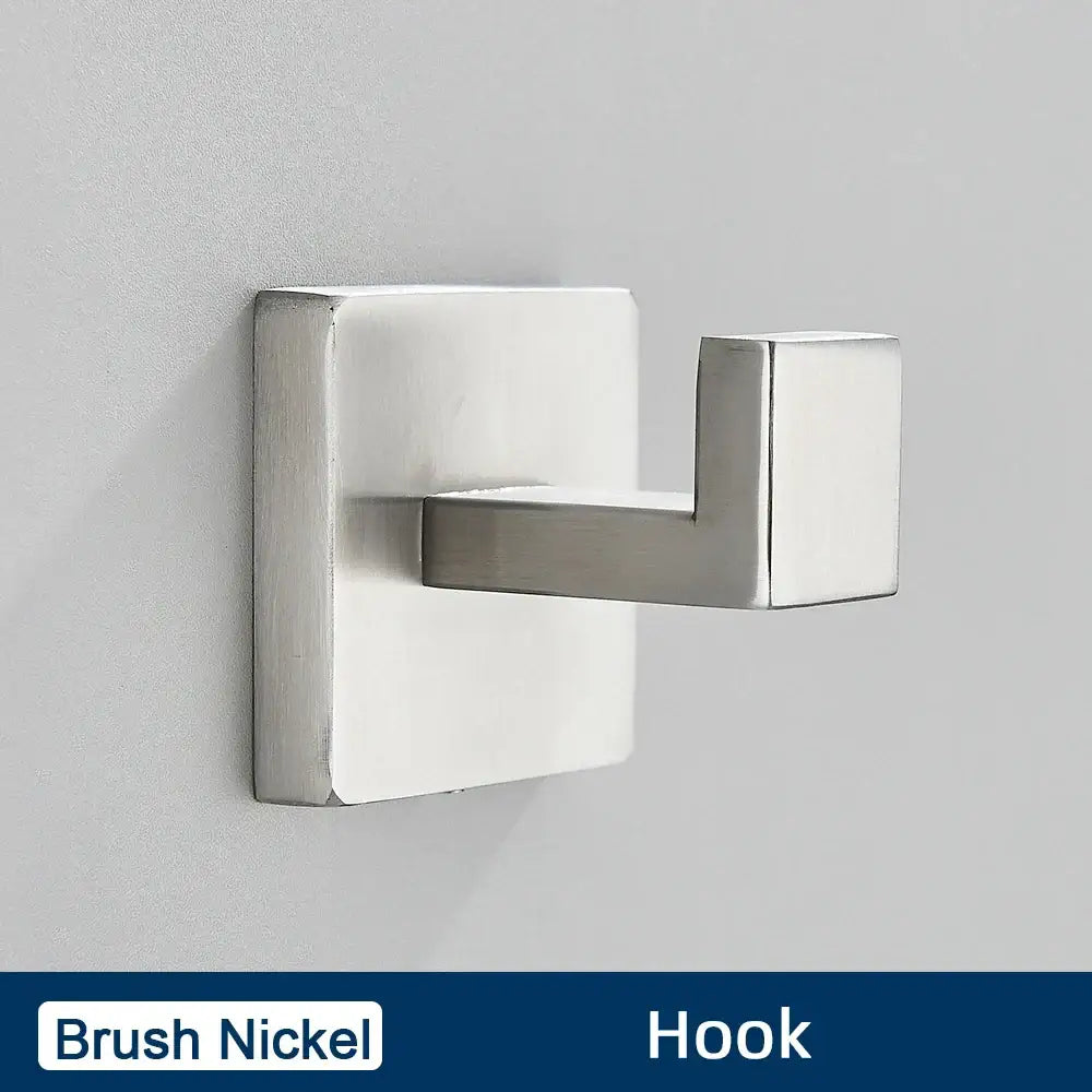Brush nickel square wall hook with sleek modern design from minimalist matte black stainless steel bathroom accessories set
