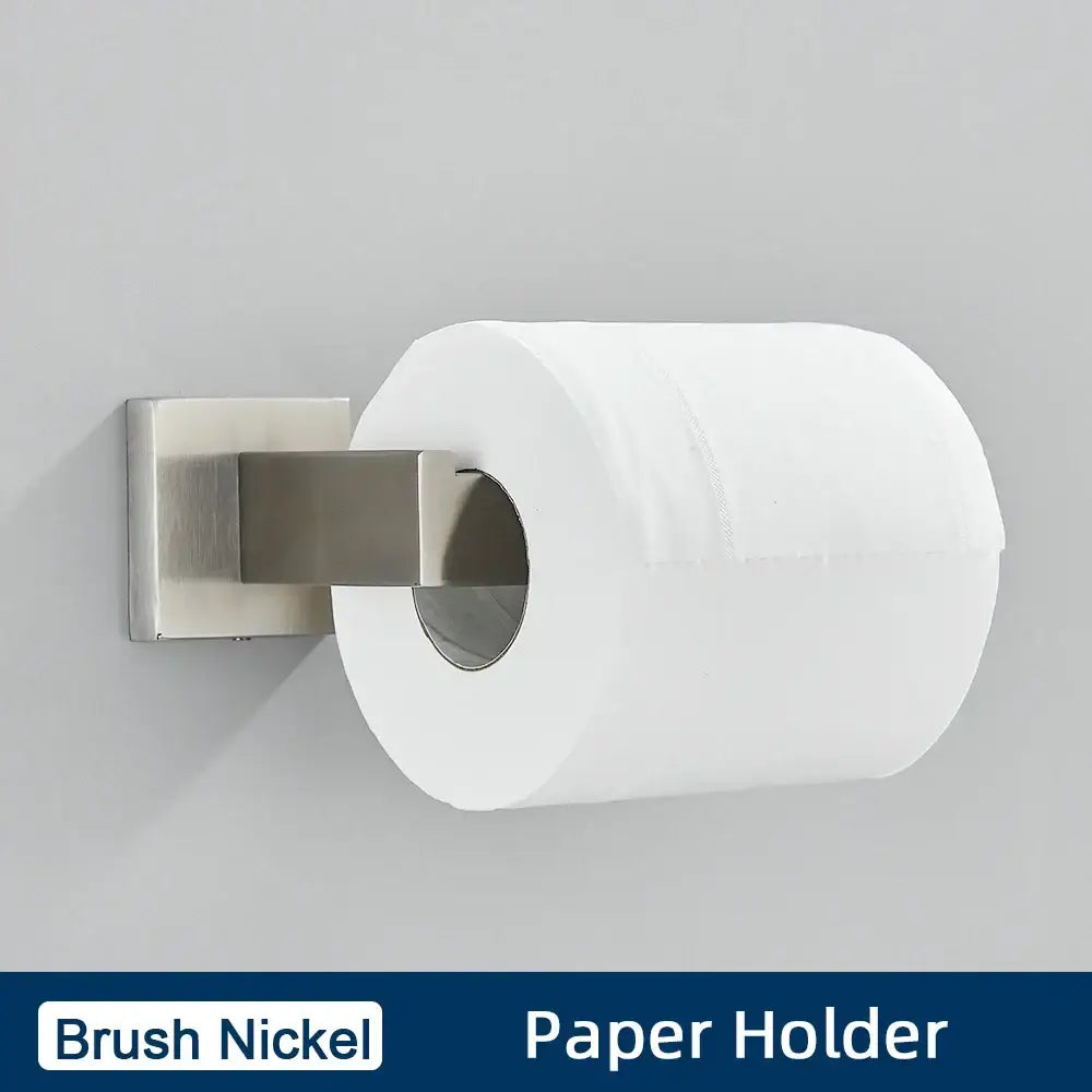 Brush nickel toilet paper holder with sleek modern design in minimalist matte black stainless steel bathroom accessories set