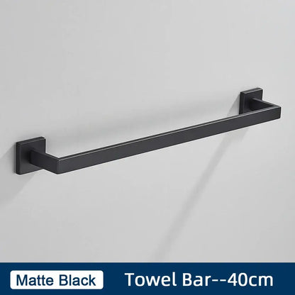 Matte black stainless steel towel bar with sleek modern design in minimalist bathroom accessories set