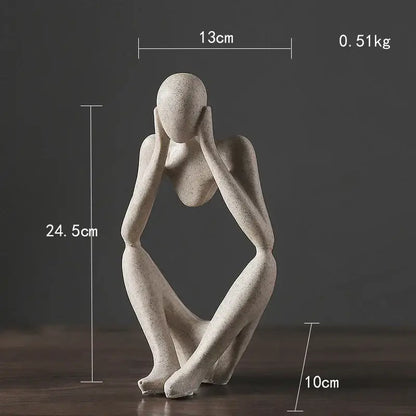 Minimalist beige stone abstract thinker woman figurine of a seated figure with hands covering face for living room decor