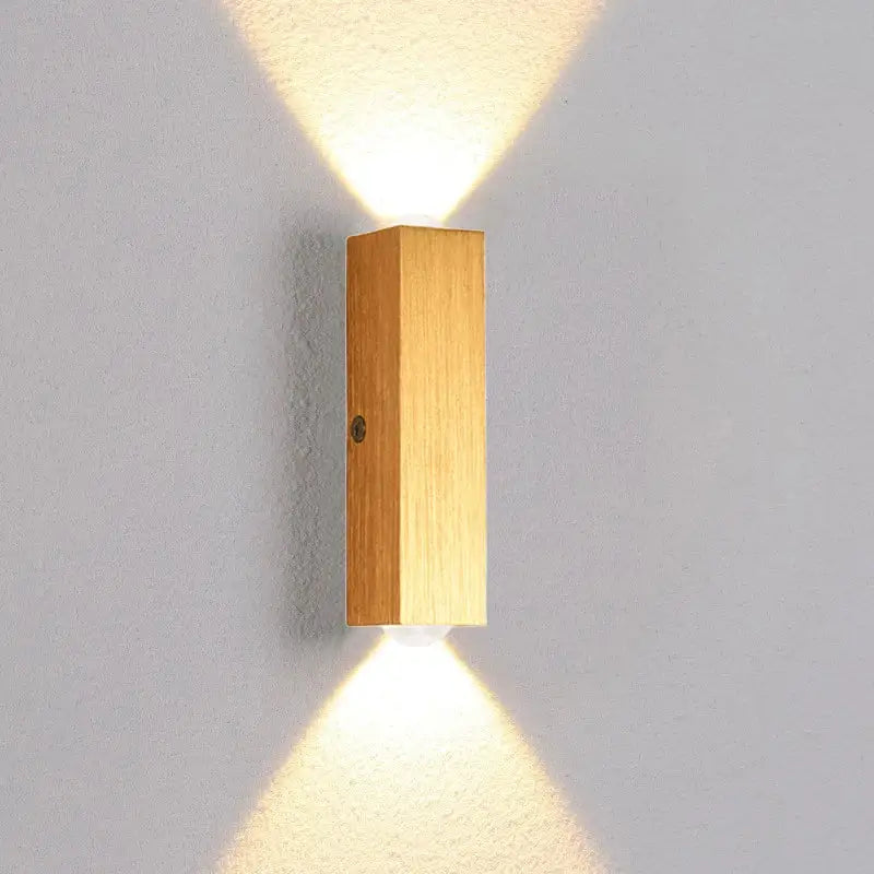Minimalist natural wood angled wall lamp with warm finish and two light beams for bedroom decorbites brushed gold style