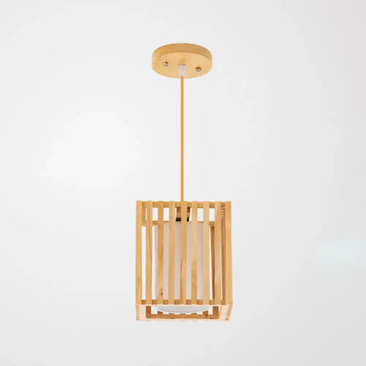 Decorbites™ asian wood island pendant light in natural wood finish with vertical slats and frosted glass shade