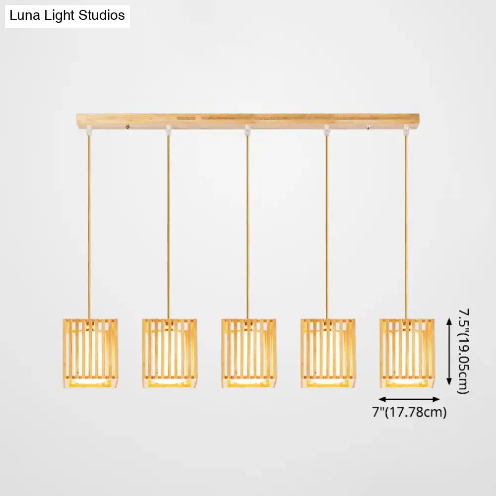 Decorbites asian wood island pendant light with five-light bamboo design warm golden glow natural wood finish