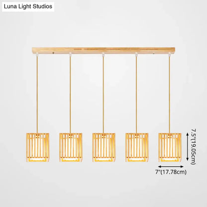 Decorbites asian wood island pendant light with five-light bamboo design warm golden glow natural wood finish