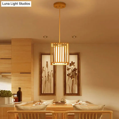 DecorBites Asian wood island pendant light with warm-toned vertical slats and natural wood finish ceiling mount