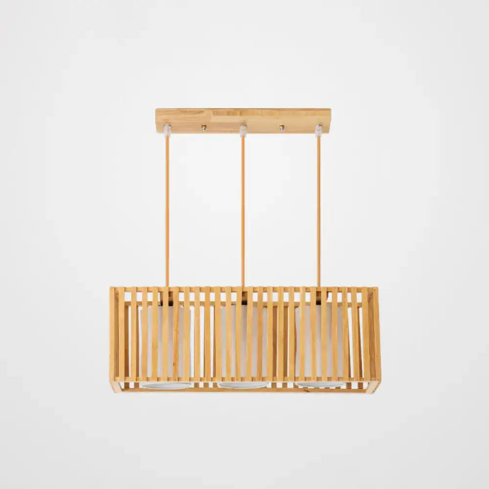DecorBites Asian wood island pendant light in natural finish with lightweight bamboo rectangular slats and three bulbs