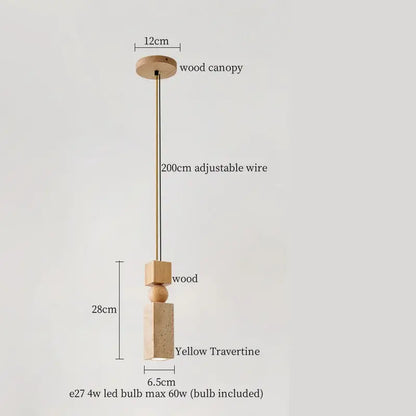 Minimalist off white pendant light with natural wood canopy brass wire stacked wooden travertine elements decorbites creative stone led