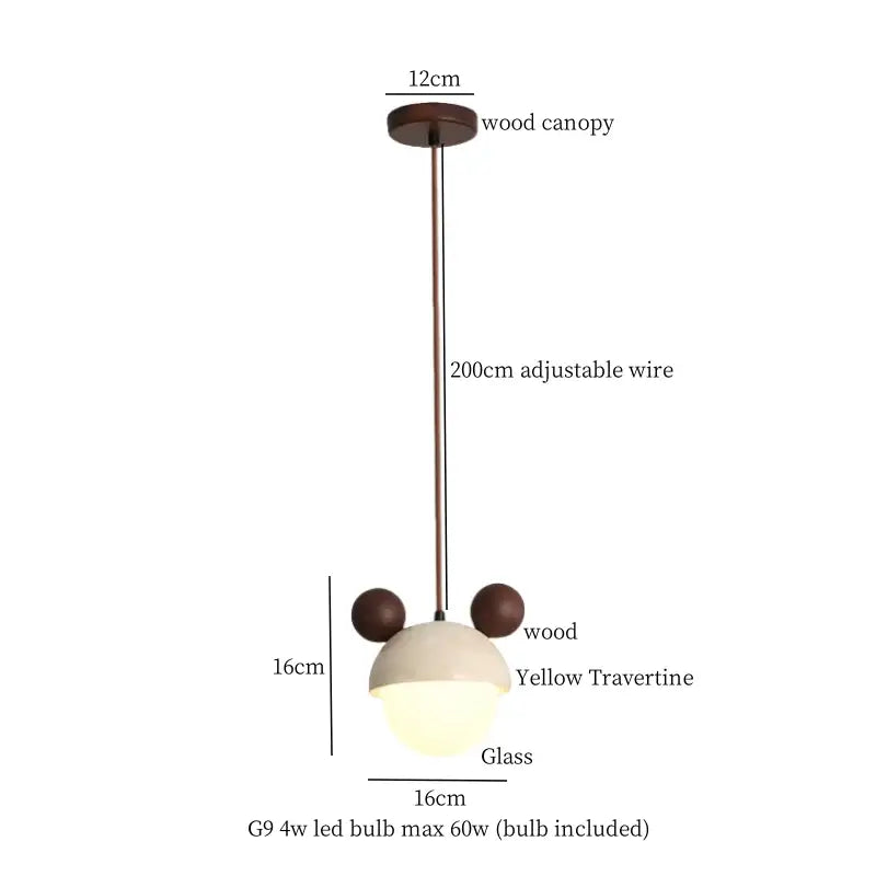 Minimalist off white pendant light with a cute wooden mouse design beige travertine shade and glass diffuser by decorbites creative stone led