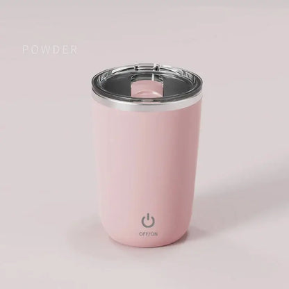 Pink powder-coated stainless steel travel mug with silver lid and power button for electric magnetic stirring coffee cup use