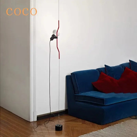 Minimalist red and black decorbites adjustable led chandelier with curved metal frame and white spherical bulb for living room decor