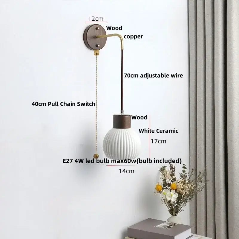 A minimalist ceramic led wall lamp with white globe, wood and copper accents, adjustable wire arm for bedroom decorbites decor