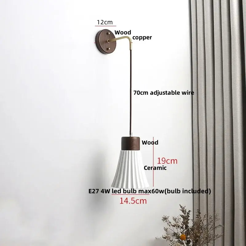Minimalist ribbed ceramic led wall lamp with dark wood copper bracket and adjustable wire for bedroom decorbites ceramic led decor