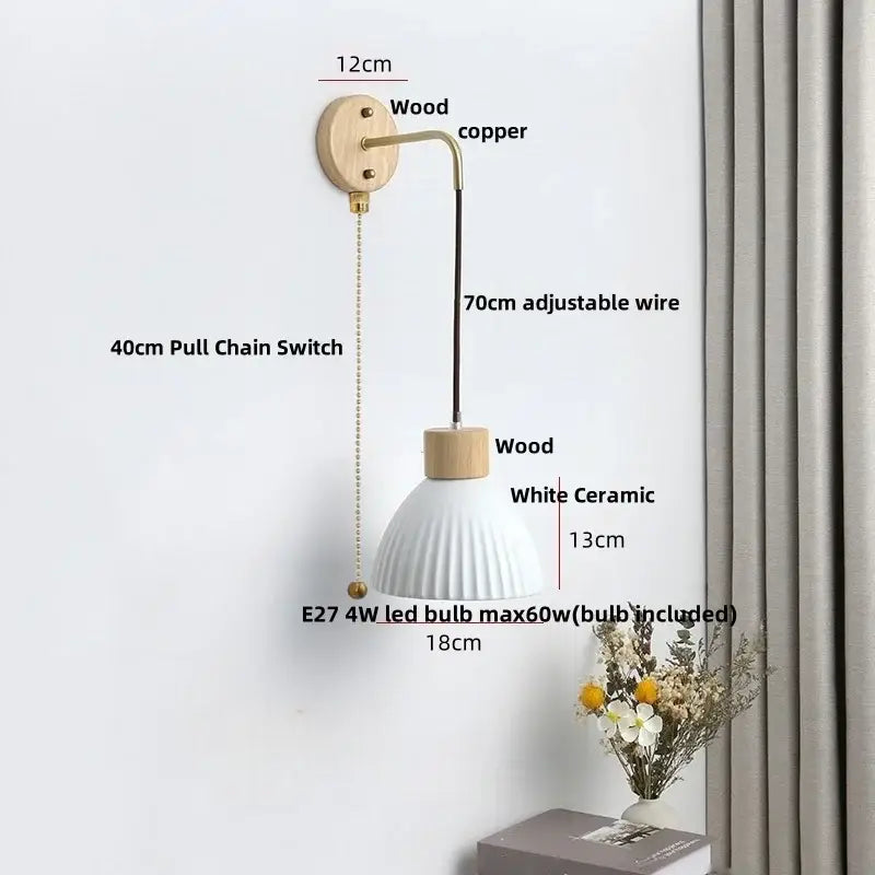 Minimalist ribbed ceramic led wall lamp with white ceramic shade wooden accents and copper hardware for bedroom decorbites ceramic led wall decor
